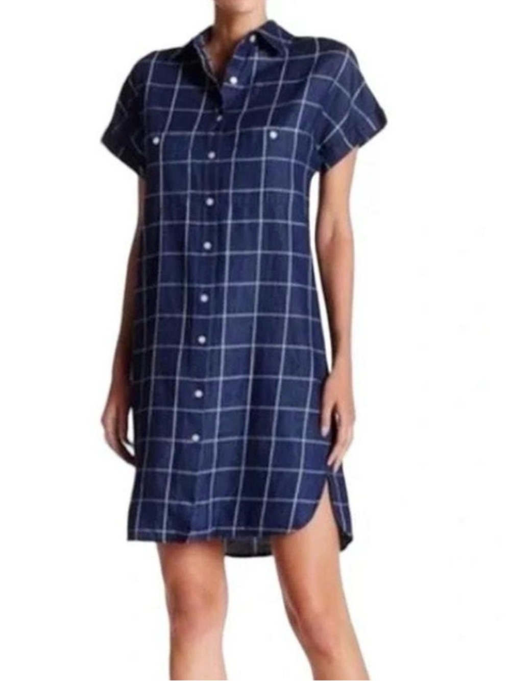 Max Studio Navy Windowpane Shirt Dress - Classic Casual - Size XS
